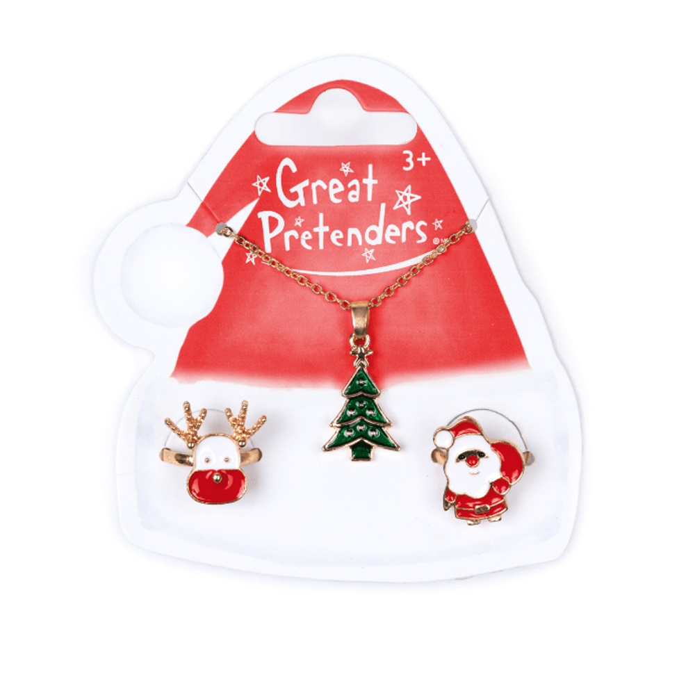 Great Pretenders Christmas Tree Necklace & Rings, 3 pcs