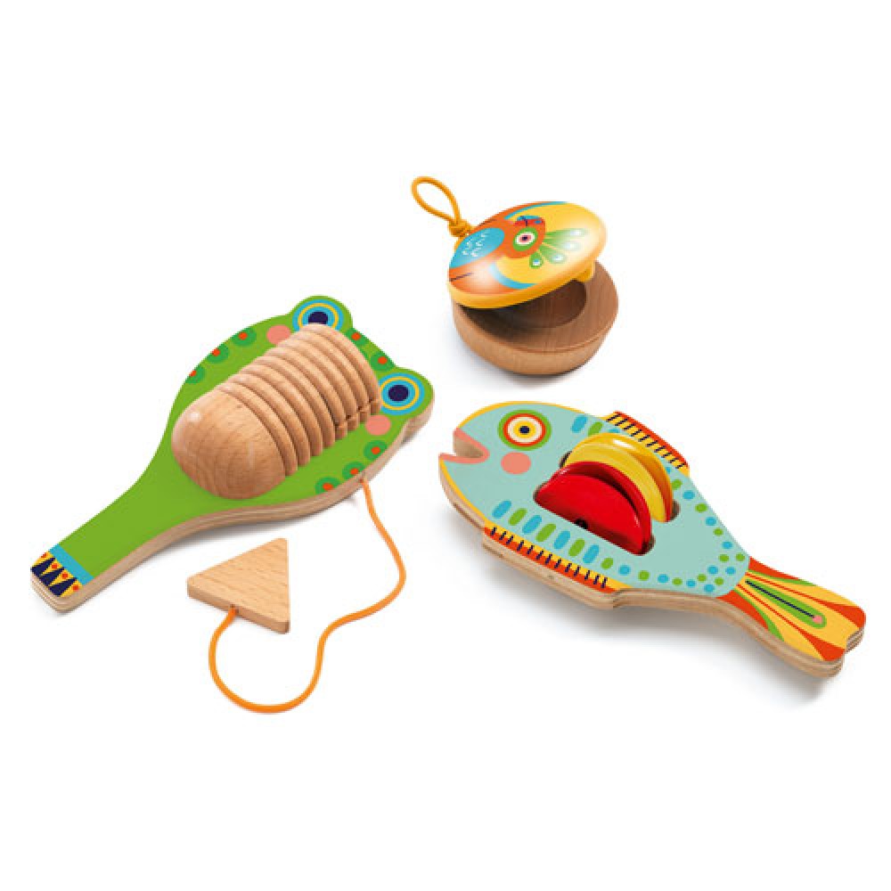 Djeco Animambo Set of 3 percussions: Cymbal-castanet-guiro