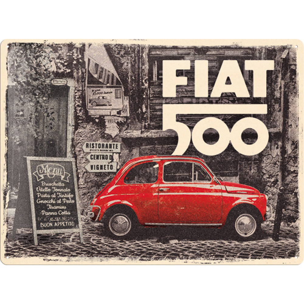 Nostalgic Tin Sign 30x40 cm Fiat 500 - Red car in the street