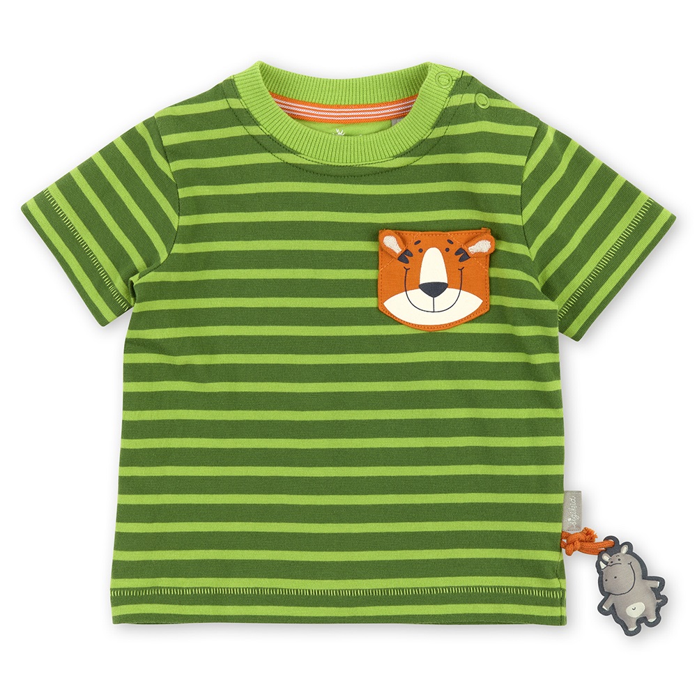 Sigikid Green striped baby T-shirt with tiger pocket