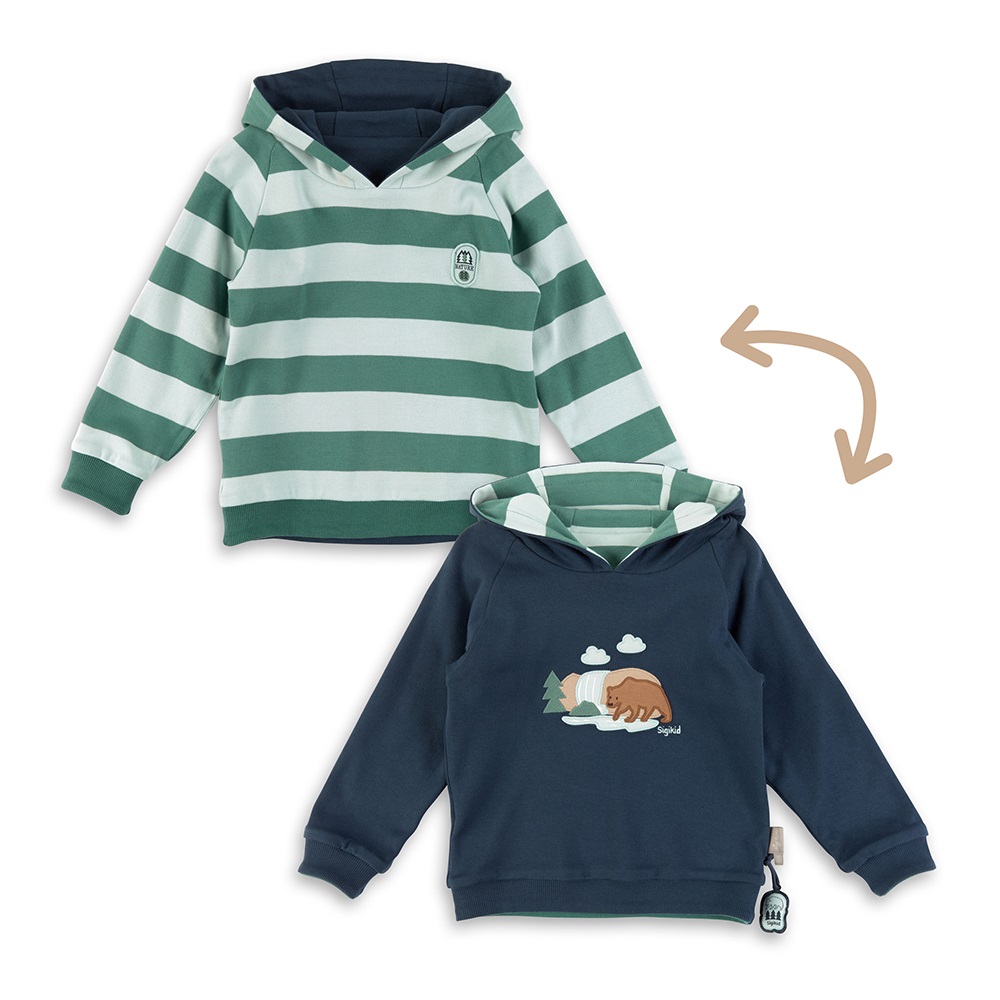 Reversible boys sweater grizzly bear, green striped/navy Size 116