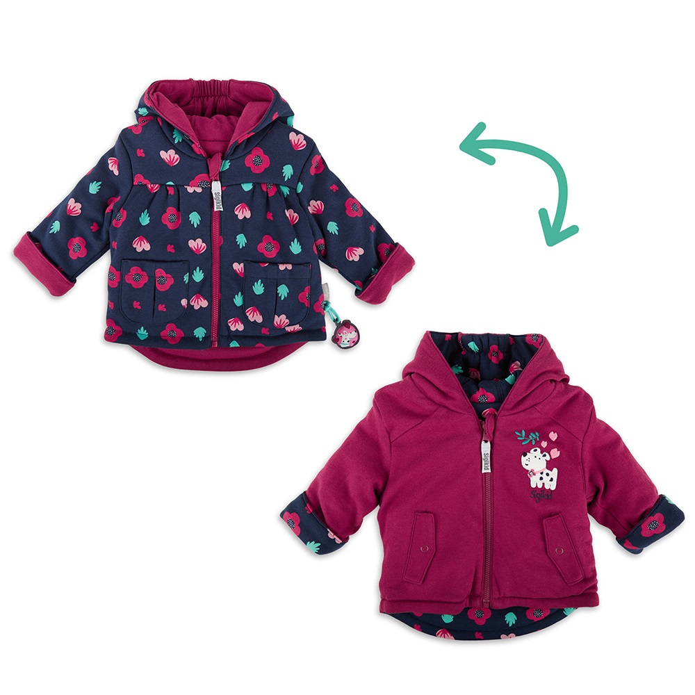 Sigikid Reversible baby girl jacket puppy, red & floral navy