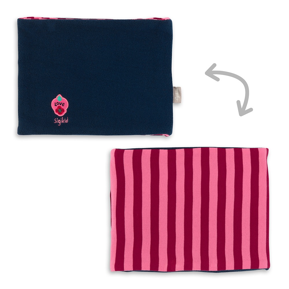 Sigikid Reversible neck gaiter for girls, navy fleece/rose striped cotton Size ORI