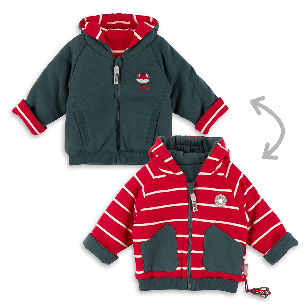 Sigikid Reversible lined hooded baby jacket fox, blue and red/white striped