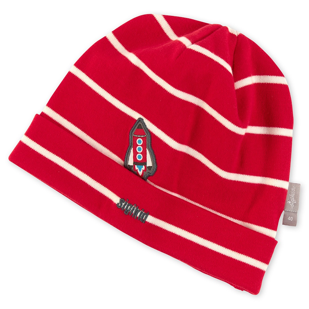 Sigikid Red/white striped beanie hat for little boys, rocket patch