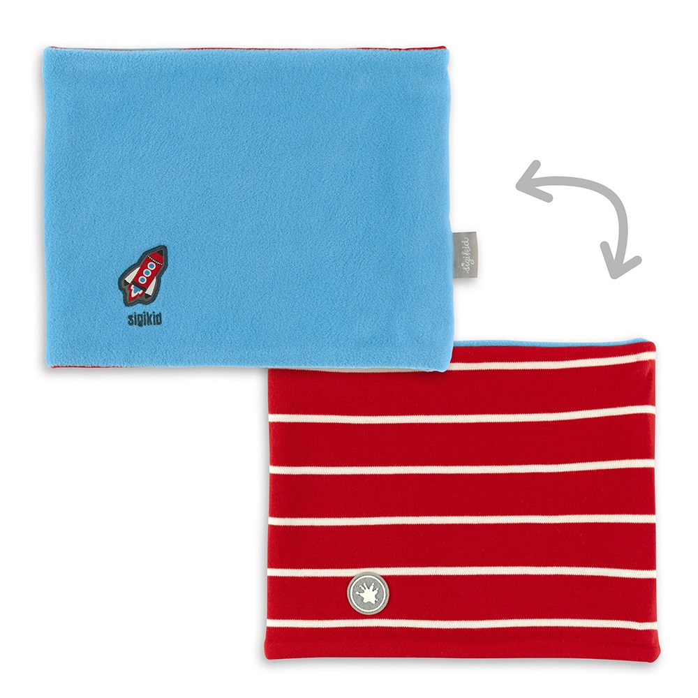 Sigikid Reversible neck gaiter for children, turquoise fleece/red striped cotton