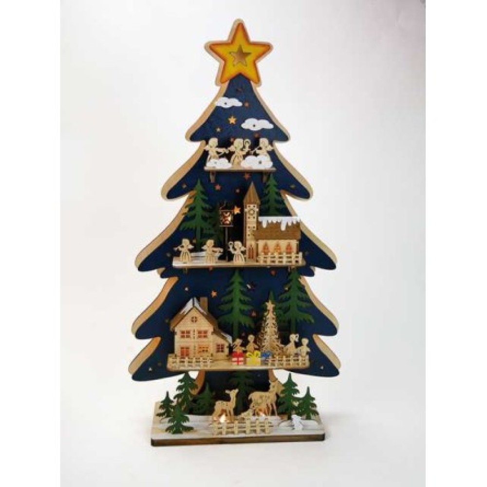 new Wooden Christmas tree with 4 illuminated stages with different scenes -