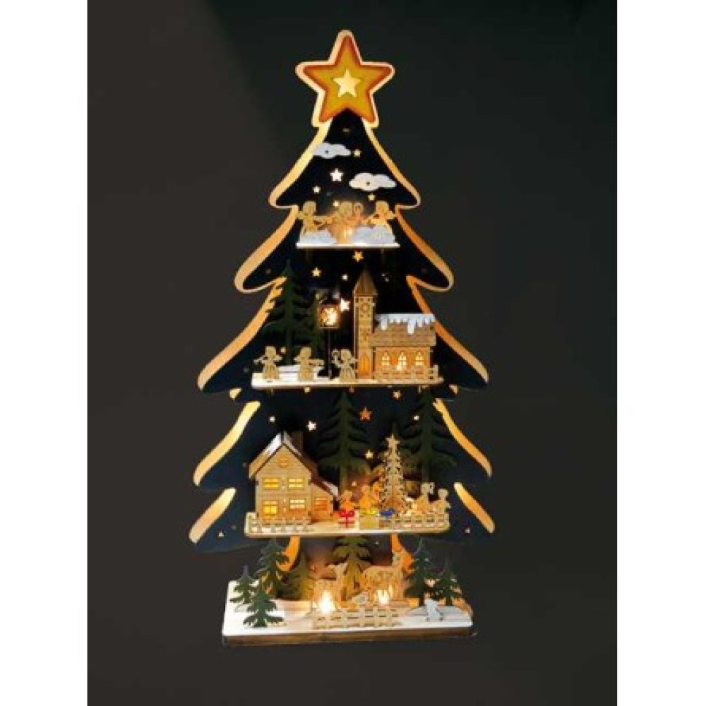 new Wooden Christmas tree with 4 illuminated stages with different scenes -