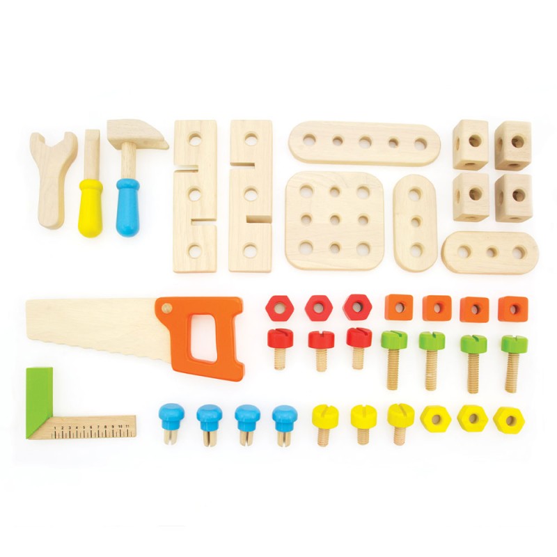 Pin Toys Ξύλινος πάγκος μαραγκού με εργαλεία από μασίφ καουτσουκόδεντρο