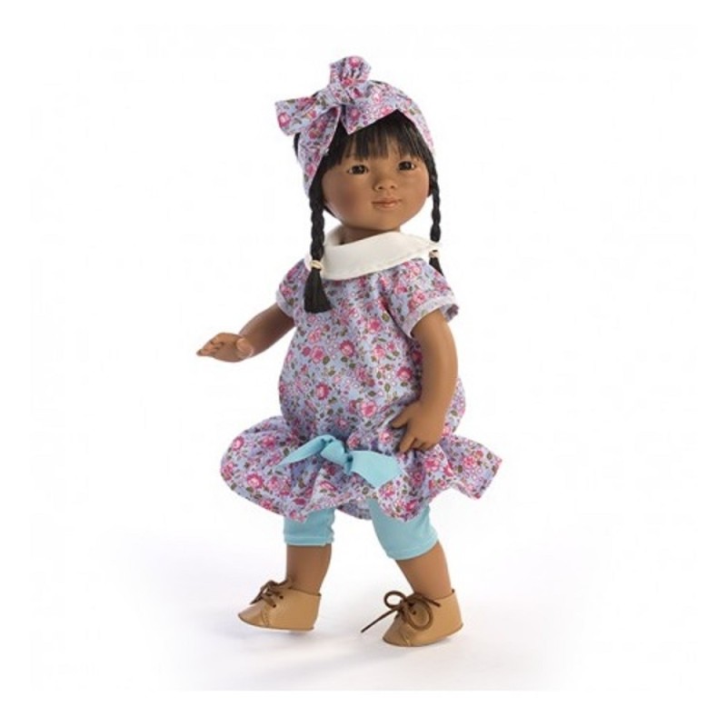 DNenes Κούκλα Βινυλίου Περουβιανή Φλοράλ ροζ - γαλάζιο φόρεμα με κολάν 34εκ.