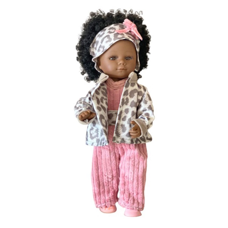 DNenes Κούκλα Βινυλίου Αφροαμερικανή Ροζ κοτλέ ολόσωμη φόρμα - λεοπάρ σακάκι 34εκ.