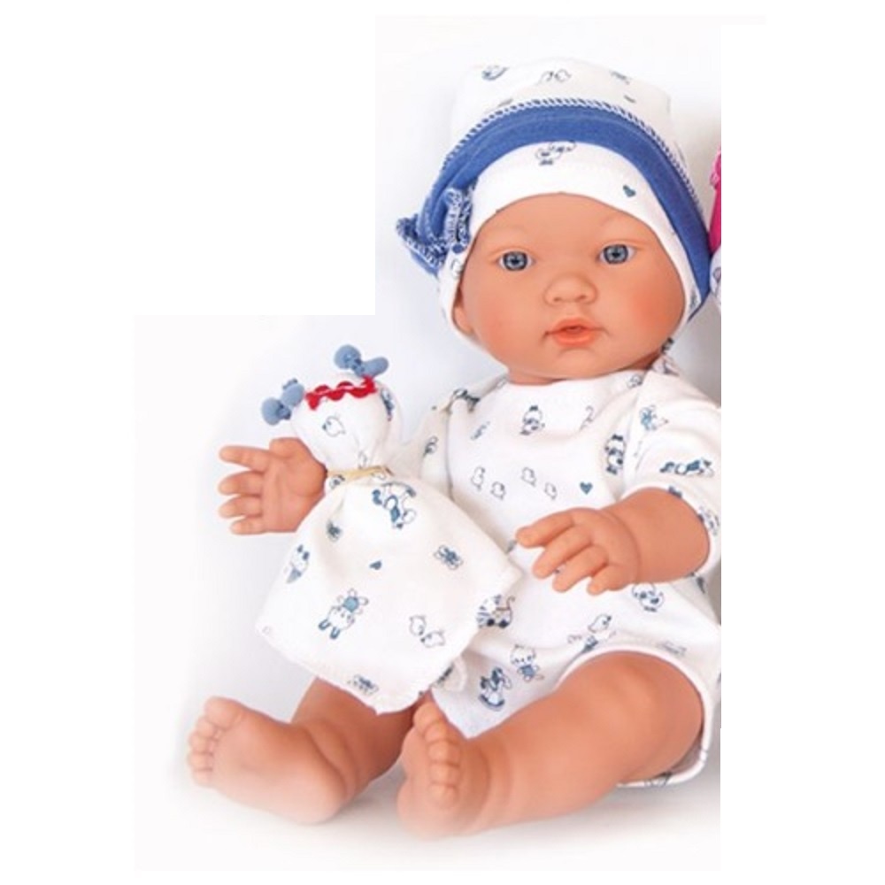 DNenes Κούκλα Μωρό Βινυλίου Αγόρι με πανάκι αγκαλιάς Ασπρο - μπλε φορμάκι 34εκ.