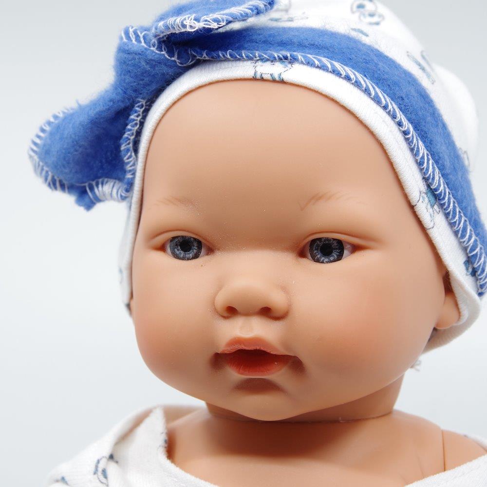 DNenes Κούκλα Μωρό Βινυλίου Αγόρι με πανάκι αγκαλιάς Ασπρο - μπλε φορμάκι 34εκ.