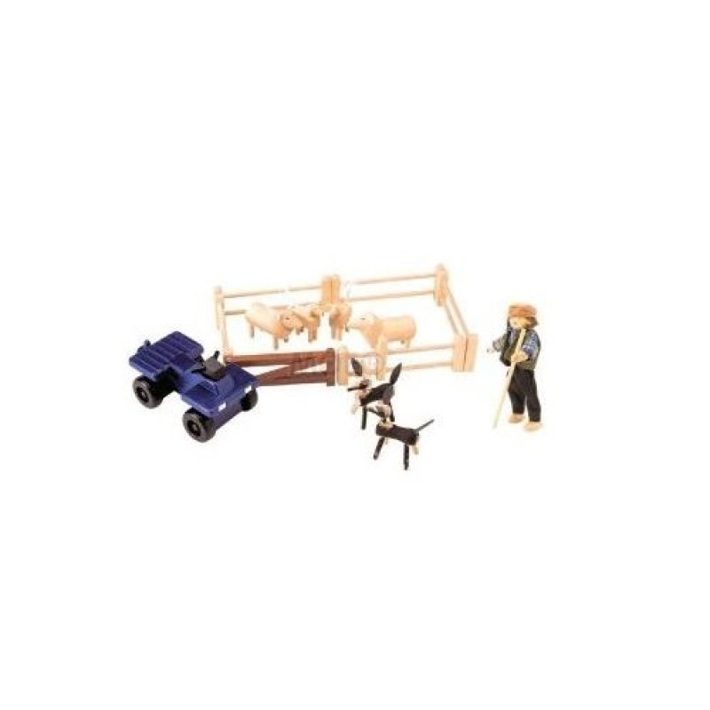 Pin Toys Ξύλινο σετ Σετ βοσκός με ζώα φράχτη και όχημα μασίφ