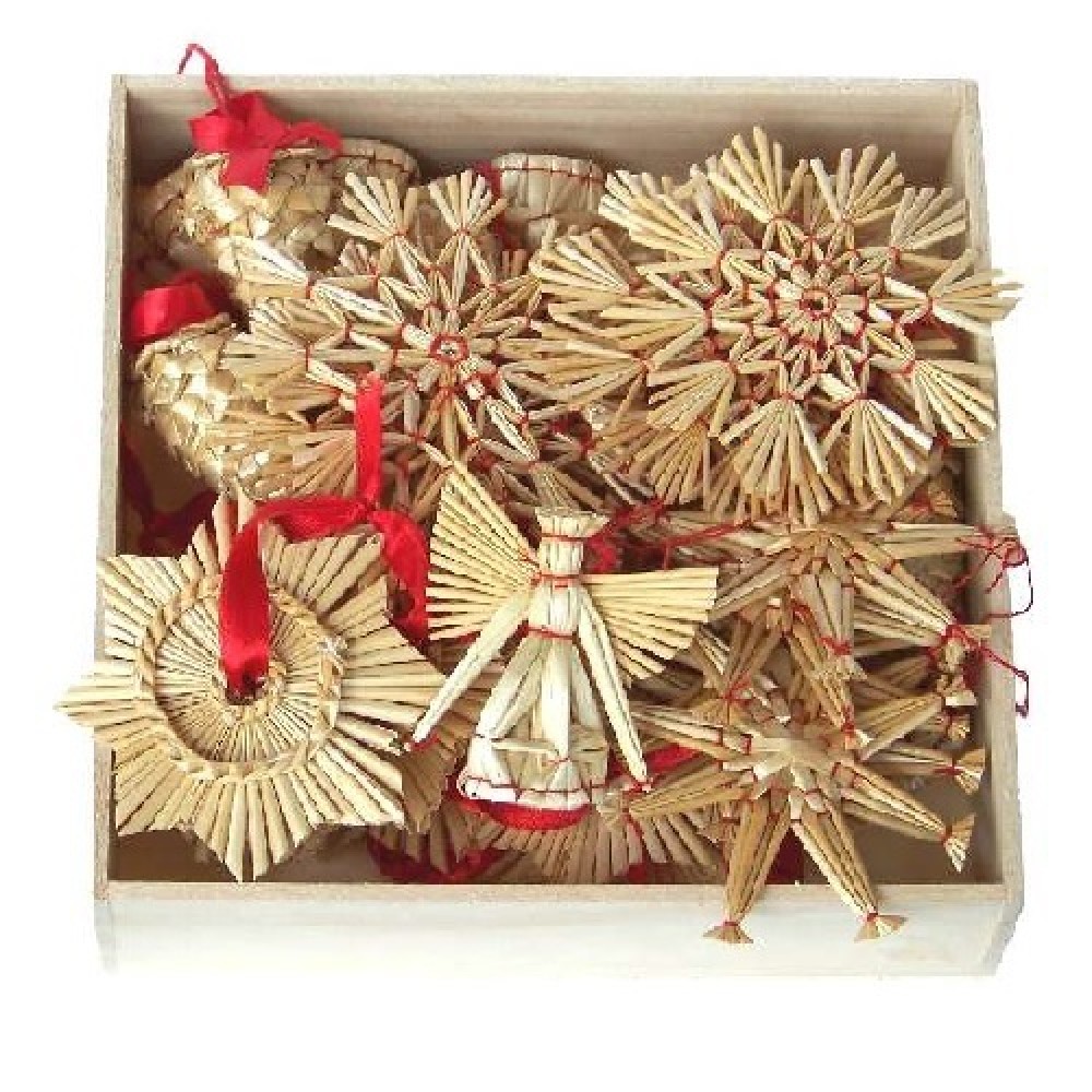 Assortment, straw stars, angels, cones 30 parts, 6-9cm, 2 variants red thread, cardboard